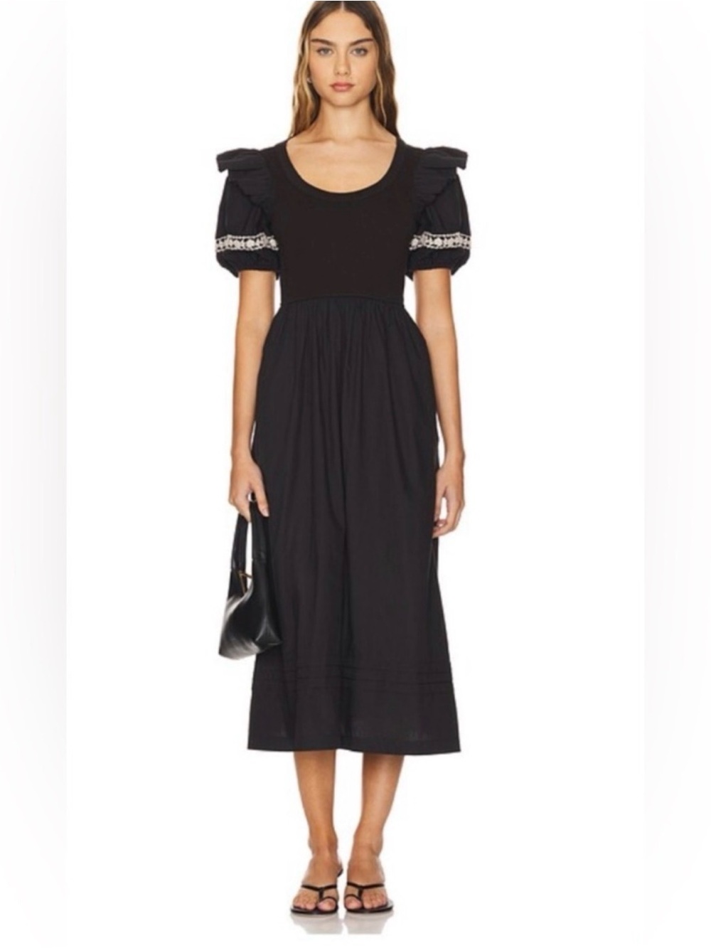 REVOLVE Cleobella Selma Midi Dress Black Ivory Lace Trim Puff Sleeve Boho xs
